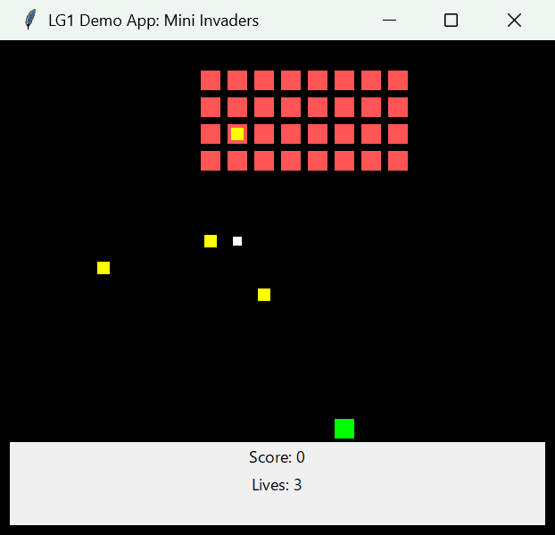 INVADERS の試作品の画面。黒い背景に赤い四角のインベーダーが 4 行 8 列で並び、黄色い爆弾が降り、下に緑の四角の自機がいる